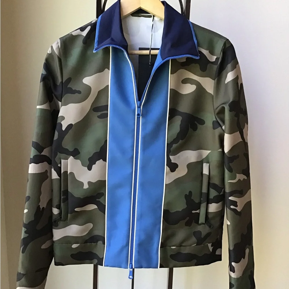 Valentino NWT Camo Jacket with Blue‎ Contrast Detailing Full Zip Army